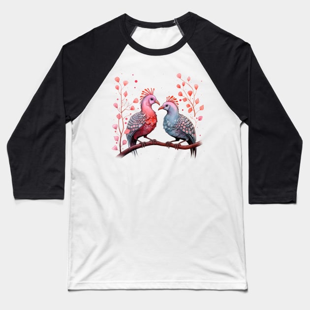 Valentine Kissing Guinea Fowl Bird Couple Baseball T-Shirt by Chromatic Fusion Studio
